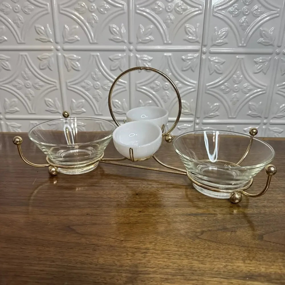 Vintage Libbey MCM Glass Gold Relish Condiment 4 Bowl Set Metal Gold tone Caddy